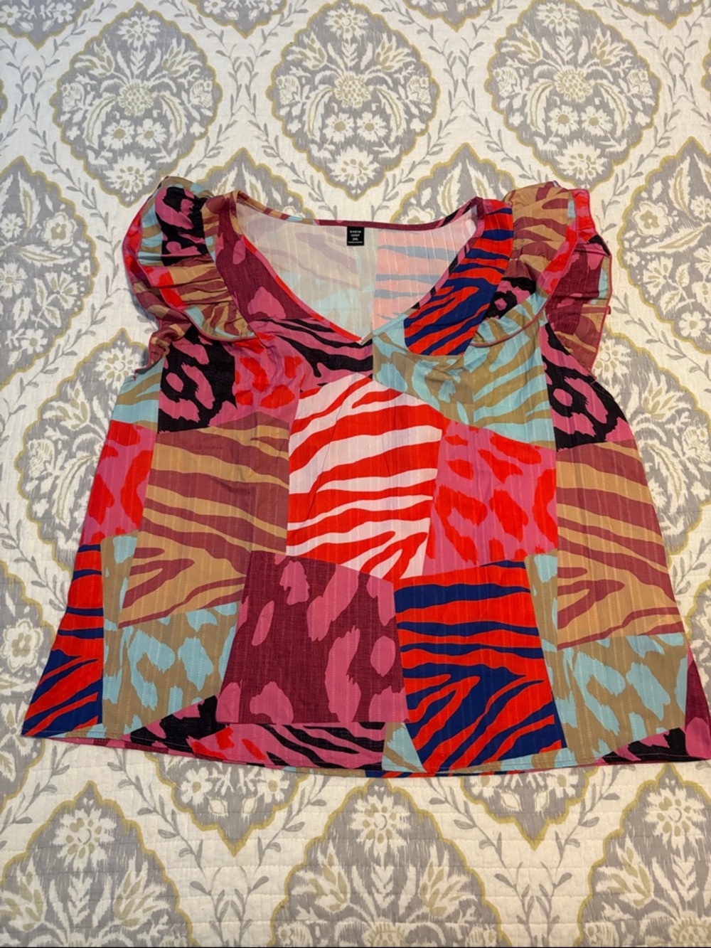 SHEIN Multicolor Patchwork Ruffle-Sleeve V-Neck Blouse